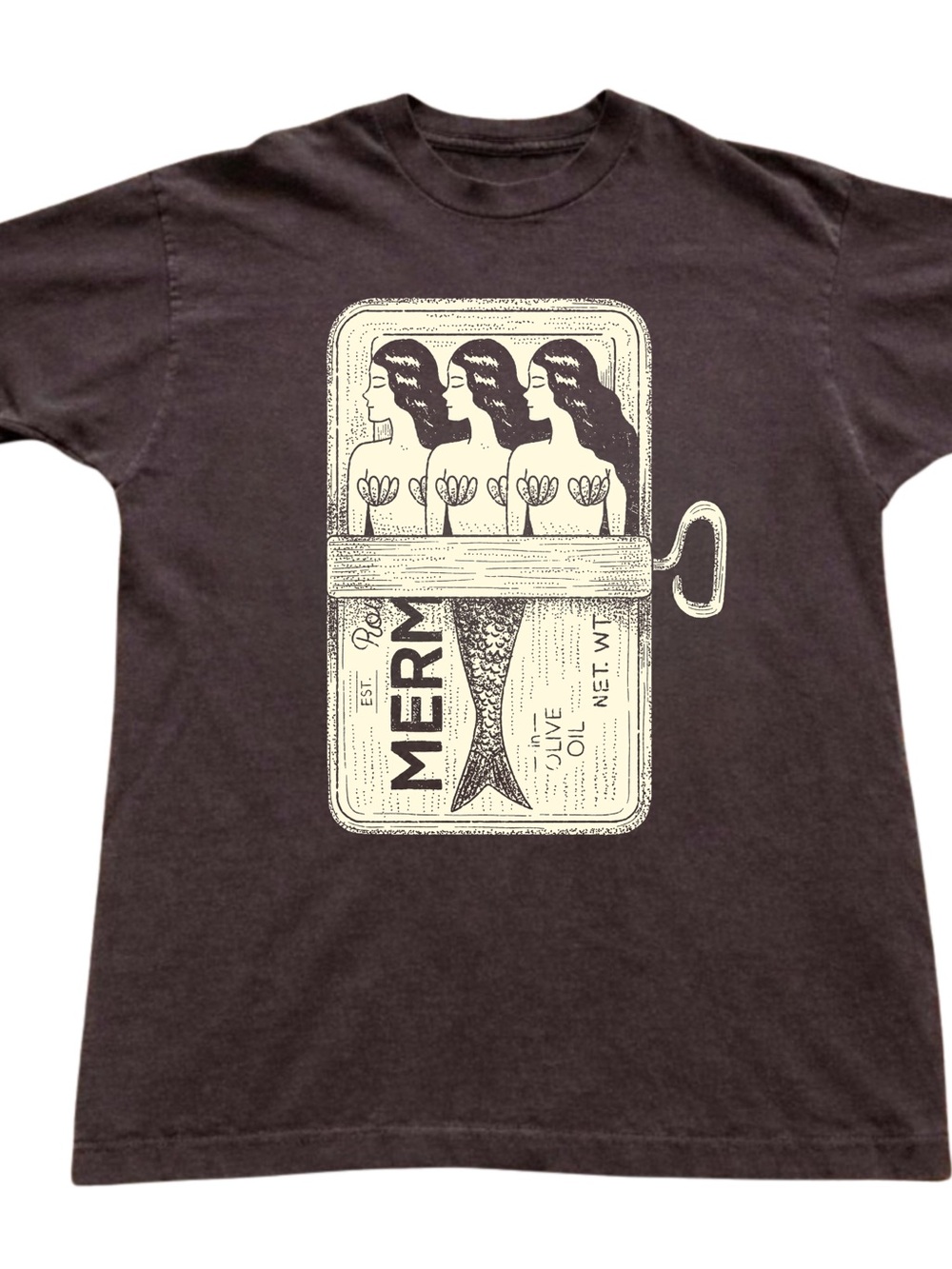 Vintage Mermaid Sardine Can Graphic T-Shirt - Brown